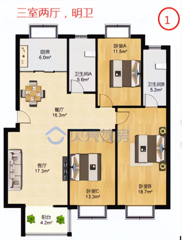 2室1厅1卫南北通透户型图大全,15万二室一房户型图