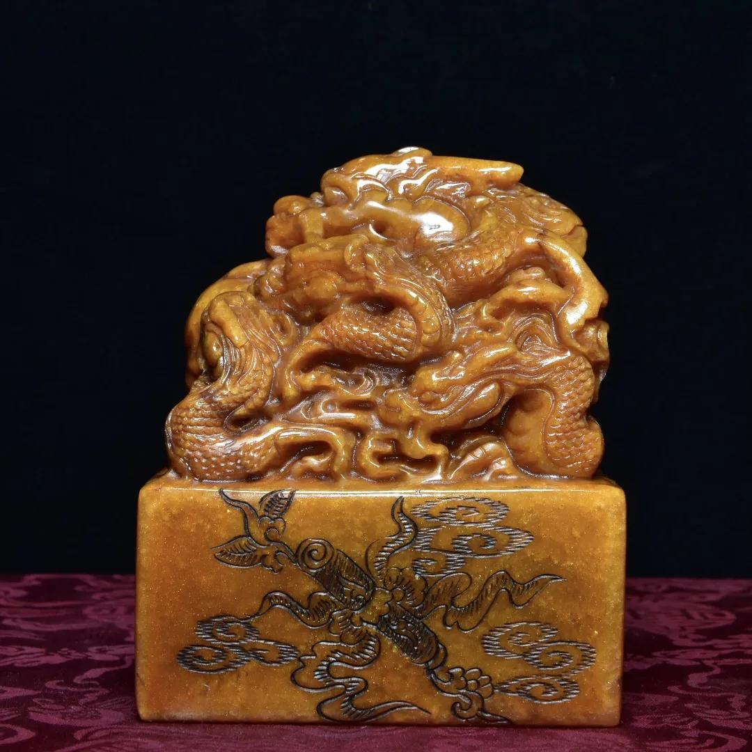 清代寿山石芙蓉冻田黄印章,回流老寿山田黄石雕龙凤呈祥砚台