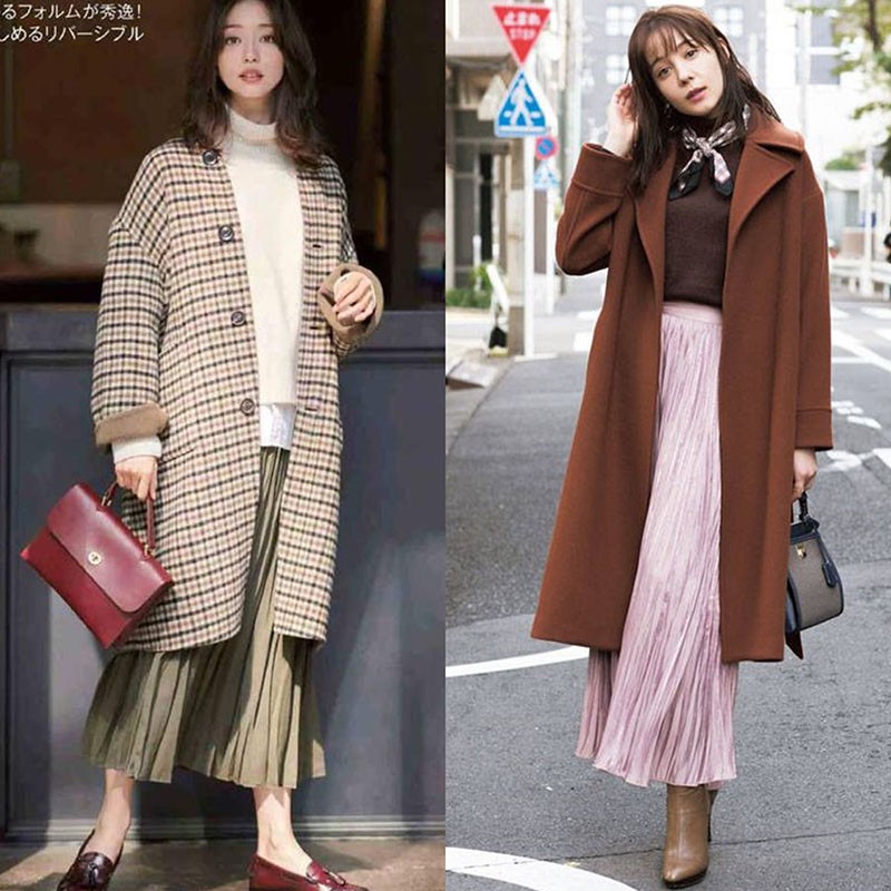 百褶裙长款搭配什么大衣好看,冬季50岁女人大衣百褶裙街拍