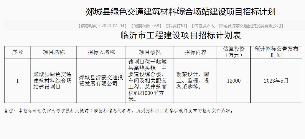 4月4日临沂市19宗建设工程项目计划招标，真是太多、太集中了！