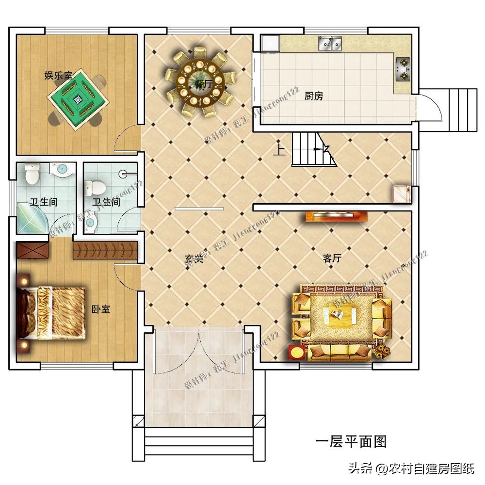 北方农村一层五间平屋顶,二层实用户型农村自建房别墅设计