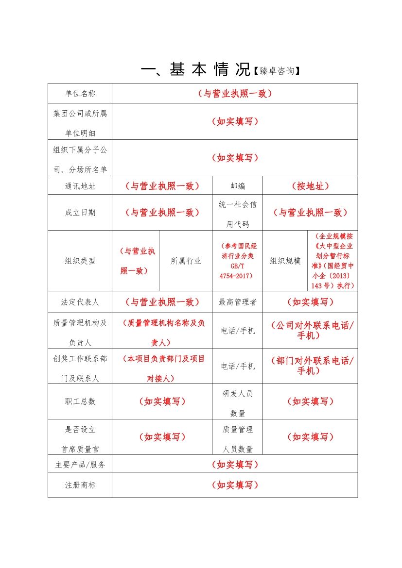 2021年「河北省保定市定兴县」政府质量奖申报表模板