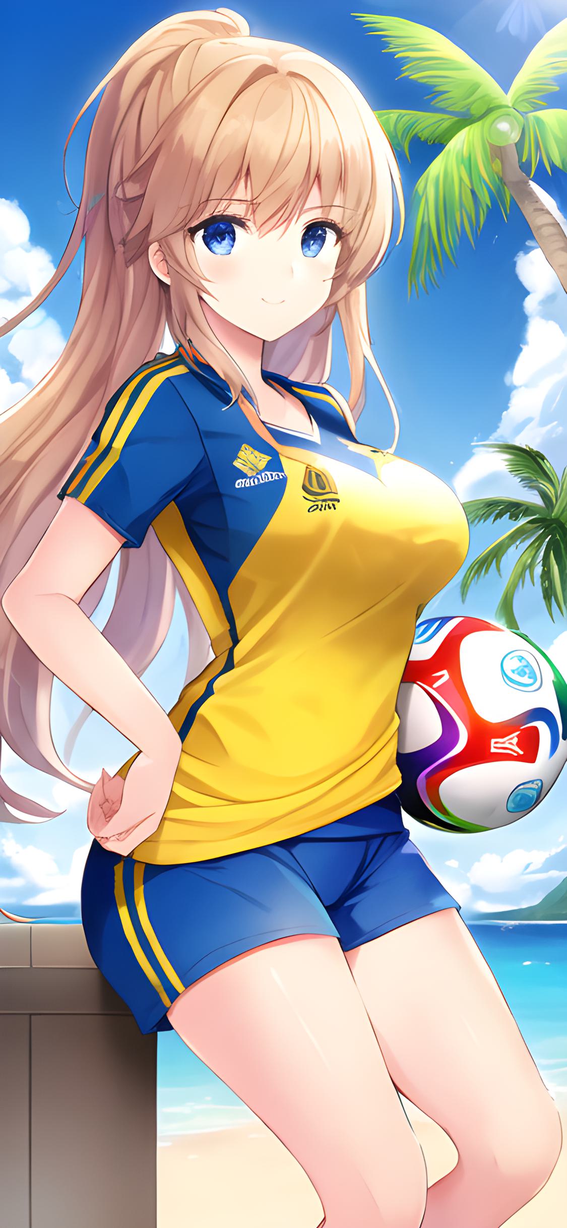 ai绘画夏日沙滩美女壁纸,二次元美少女壁纸足球