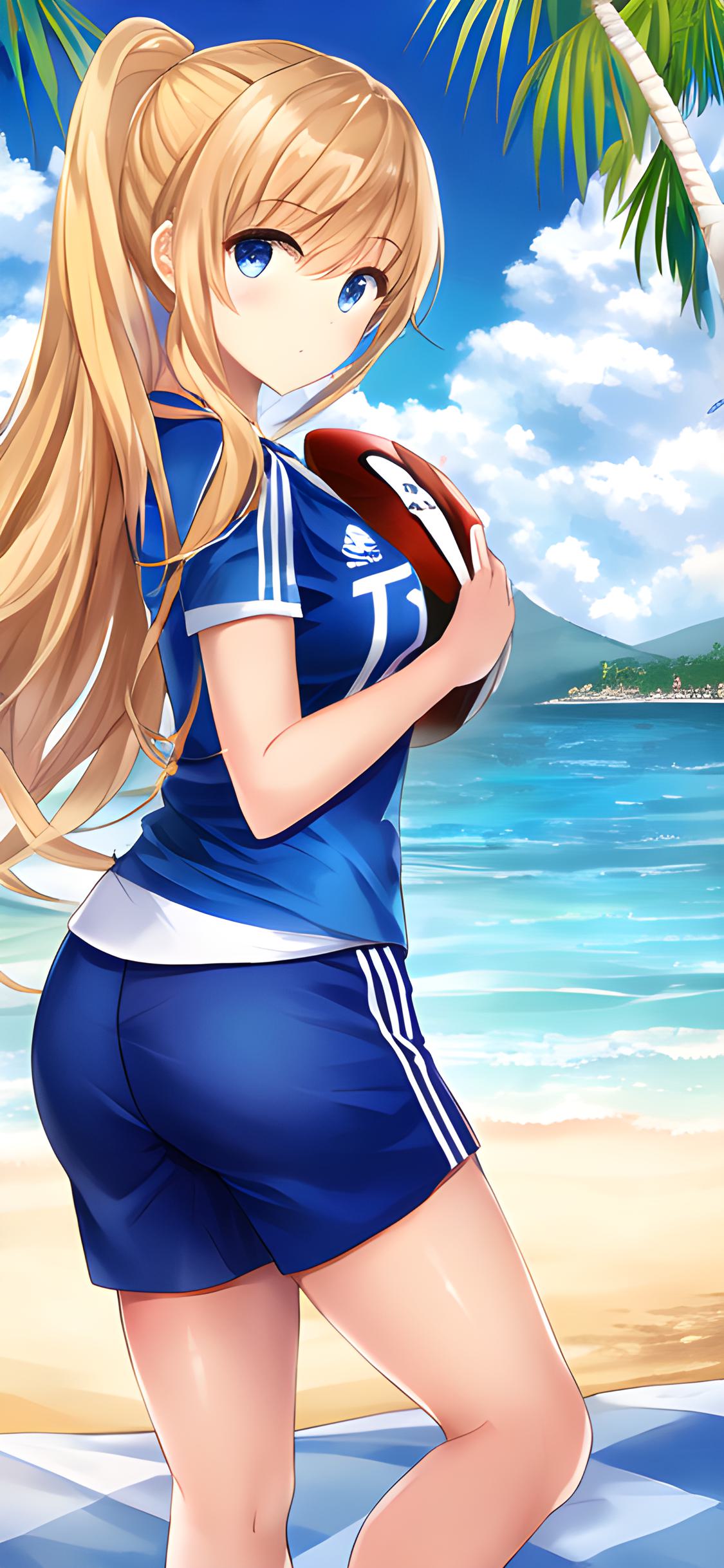 ai绘画夏日沙滩美女壁纸,二次元美少女壁纸足球