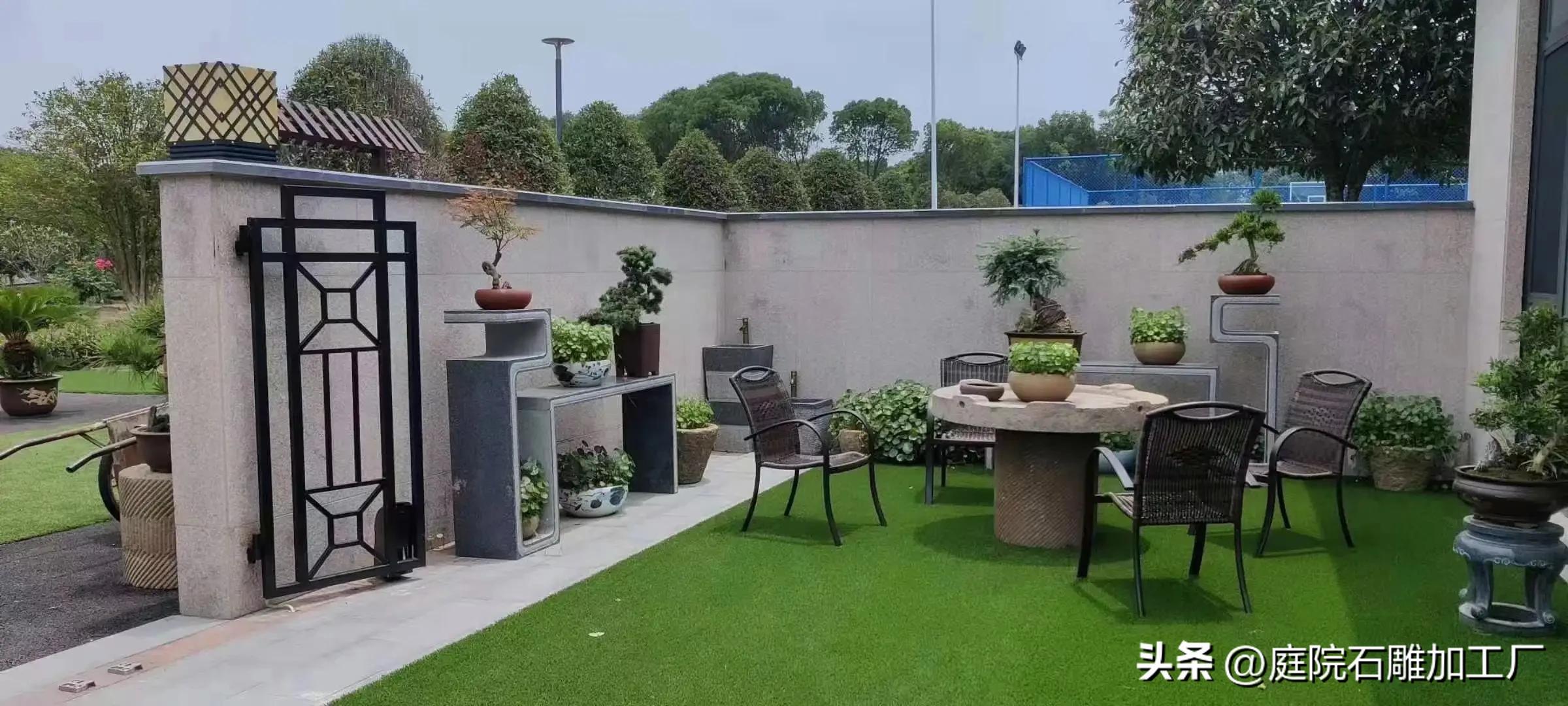 石雕花架庭院摆放效果图,庭院盆景老石板花架