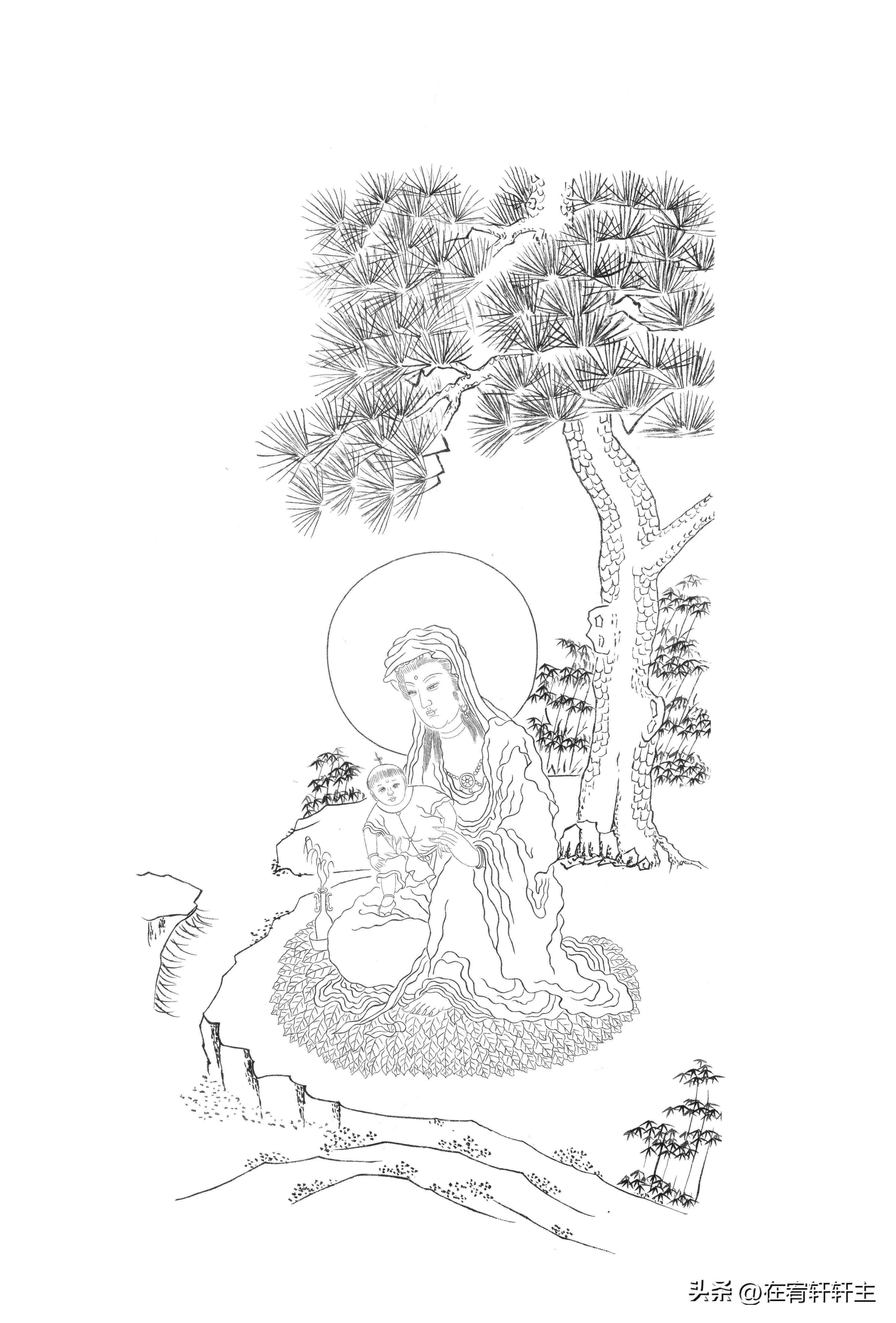 工笔白描观音苏柏斗,工笔画国画白描观音