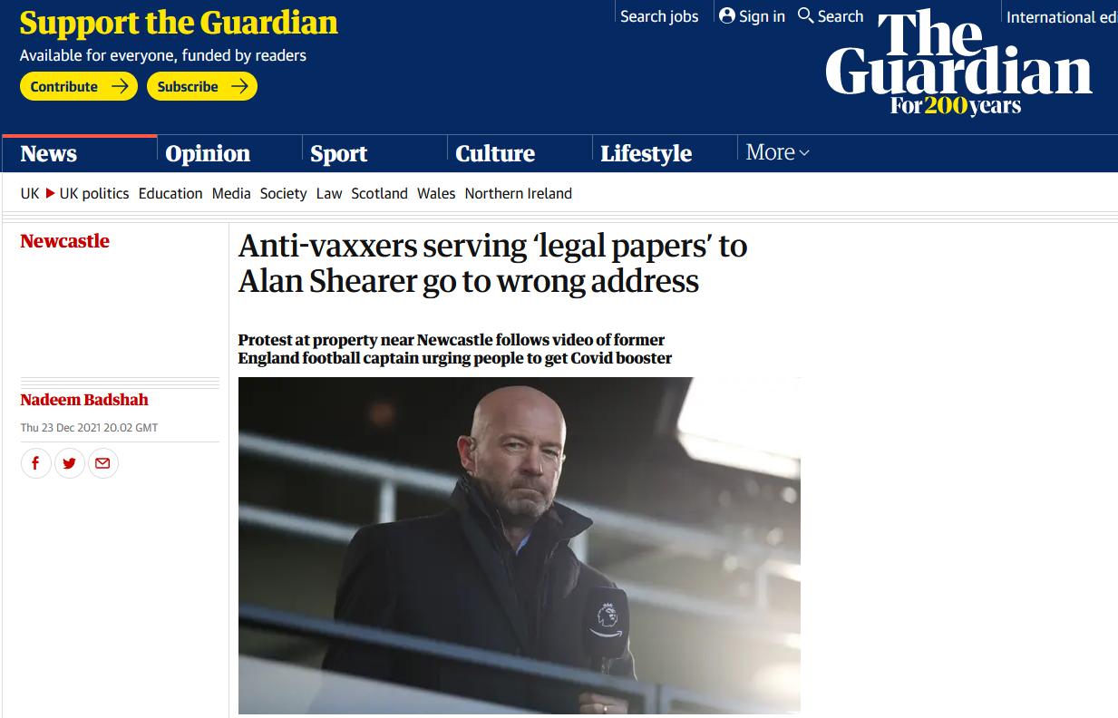 反疫苗*威示**者冲了英超传奇球星阿兰·希勒的家，结果跑错了…