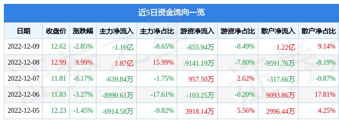 北化股份（002246）12月9日主力资金净卖出1.16亿元